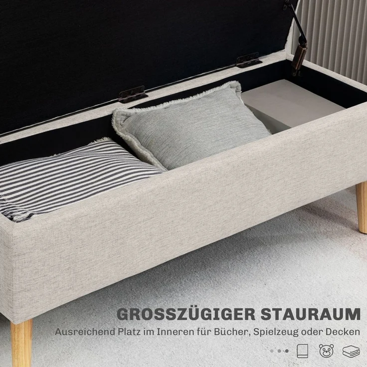 HOMCOM Sitzbank Bettbank mit Stauraum, Leinenoptik, 110 x 39 x 45 cm (Truhenbank, 1-St, Polsterbank), für Wohnzimmer, Schlafzimmer, Beige – Bild 4