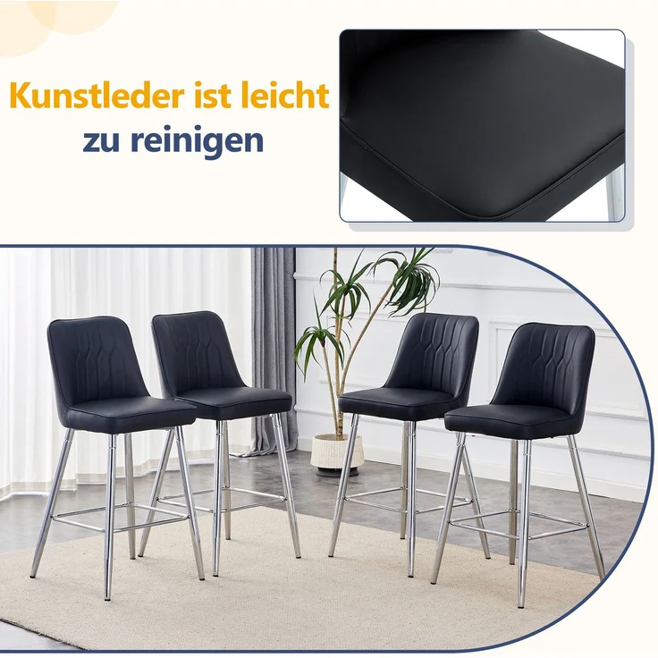 2er-Set Barhocker, 100 cm hoch, schwarzes PU-Leder mit silberfarbenem Metallgestell und bequemer Fußraste, In mehreren Farben erhältlich – die ideale Wahl für Ihre Hausbar.--Schwarz+Silber--42x45x100cm--YOUDENOVA – Bild 5