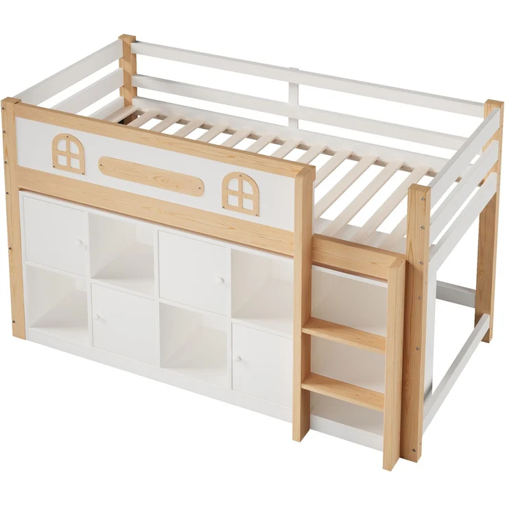 ZUBALIYA Halbhohes Bett, mit Ablagefächern und Leiter und Kreidetafel, Maße 90 x 200 cm, Weiß und Natur, Stockbett, fürs Schlafzimmer, Samt – Bild 13