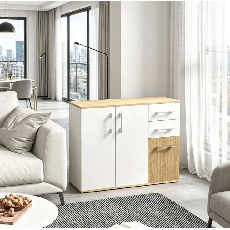DESVIAE Sideboard Weiß/Natur aus Spanplatte – 90x75,5x30 cm – 2 Schubladen, verstellbarer Einlegeboden – Bild 2