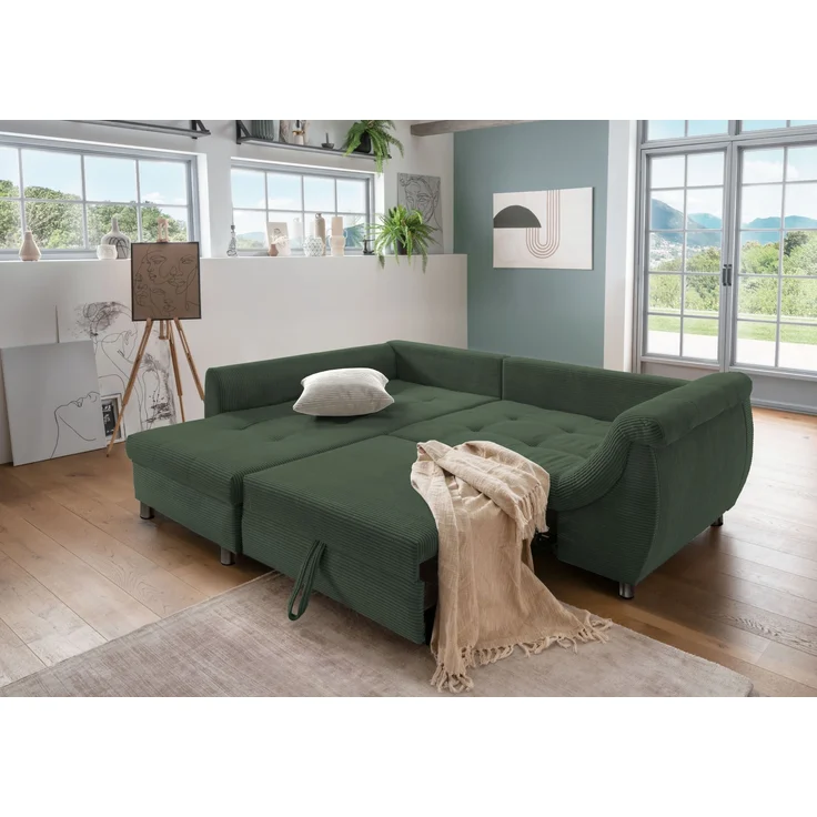 Polsterecke >Allin< Schlaffunktion, moosgrün / silber, Cord - 250x66x190cm (BxHxT) – Bild 2