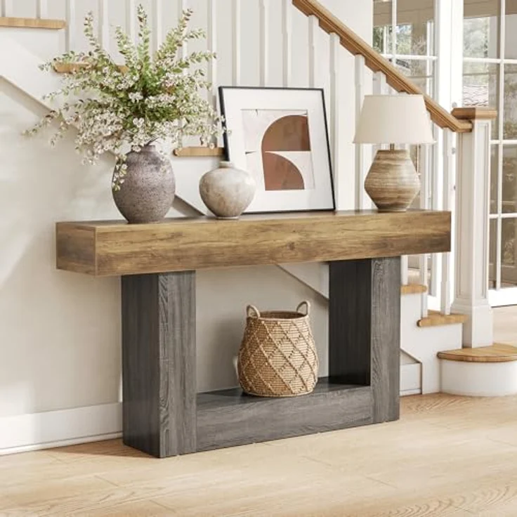 LITTLE TREE Konsolentisch, 160 cm lang, 2-stöckig, Bauernhaus-Sofatisch hinter der Couch, großer schmaler Eingangstisch für Wohnzimmer, Flur, Foyertisch aus Holz mit robuster Basis, rustikales Braun – Bild 2