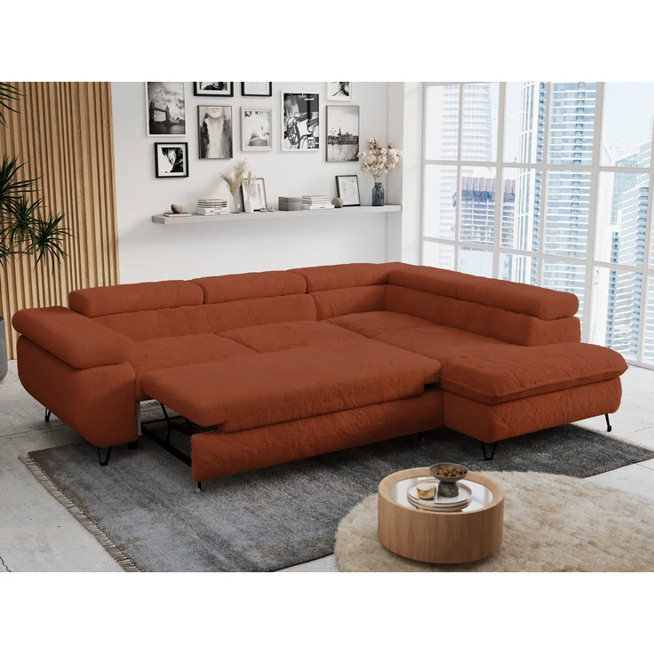 Ecksofa mit Bettfunktion, Modern Sofa, L-form, Einstellbare Kopfstützen, Bettkasten - PETER - Orange Plüsch - rechts – Bild 5