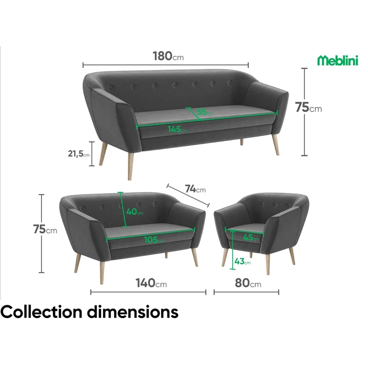 MEBLINI Mini Sofa Set 2-1 für Wohnzimmer - Mini Lounge für drei Personen - Küchensofa - Sofa Klein - Sitzgarnitur - Polstergarnitur - Sofagarnituren - DORIS - 2+1 - Dunkelgrau Samt – Bild 7