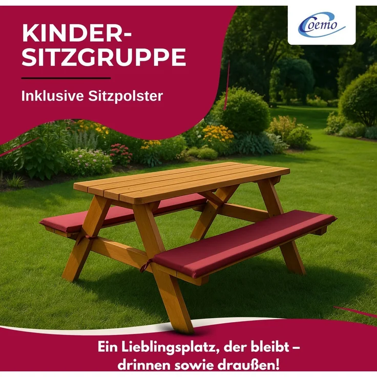 Coemo Kinder-Sitzgruppe Rotbraun Picknicktisch mit Polster Spieltisch Gartentisch Holz – Bild 2