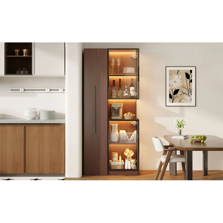 ZUBALIYA Vitrinenschrank 70×38×160 cm mit Ausziehregal – Doppelglas-Standvitrine LED, MDF-Schrank Walnuss, Glasvitrine & Aufbewahrung, multifunktionaler Hochschrank für Wohnzimmer, Esszimmer, Küche – Bild 18