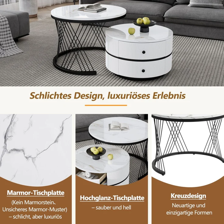 Couchtisch-Set rund, groß 60×60×46 cm und klein 50×50×31 cm, Hochglanz-Marmoroptik, MDF – Bild 7