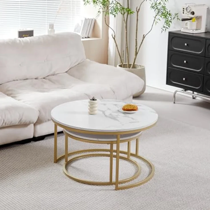 GrandCA HOME Couchtisch 2er Set,Stapelbarer Couchtisch, Couchtische Rund, Marmorierte MDF-Tischplatte, Vergoldete Metallbeine，Geeignet für Wohnzimmer, Esszimmer, Balkon（Ø80x45H cm，Ø60x35H cm） – Bild 3