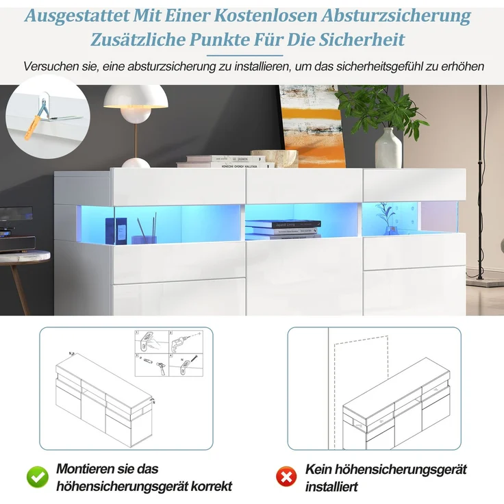 DESVIAE Sideboard mit LED-Beleuchtung, 140x66,5x40,5 cm, Spanplatte, Weiß, 3 Türen – Bild 5