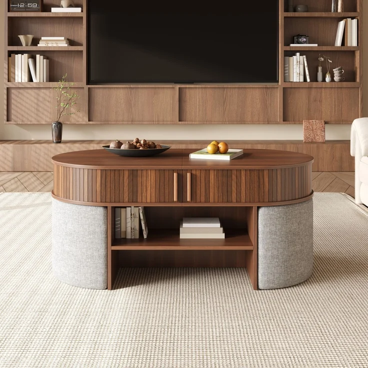 Ovaler Stauraum-Couchtisch mit vertikaler Rillenverkleidung, Couchtisch-Set mit Stoffhockern, Korpus aus Spanplatte+MDF, Metallgriffe, Couchtisch mit Schiebetüren an der Vorderseite--Nussbaum--120x60x51.5cm--YOUDENOVA – Bild 9