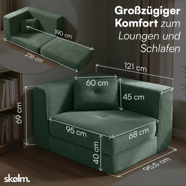 skølm 'Ránar' Ecksessel mit Liegefunktion und 1 Kissen, Sessel ausklappbar, vakuumverpackt ohne Aufbau, dunkelgrün aus Cord – Bild 9