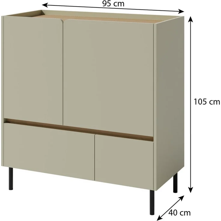 Beautysofa Kommode LICO mit 2 Schubladen, 2 Türen, 2 Regalböden (ideal für Jugendzimmer, Schlafzimmer, 95x40x105 cm), moderne Farben Sandbeige oder Eukalyptus – Bild 2