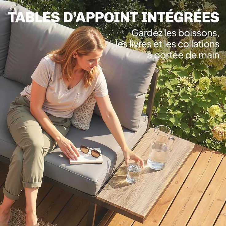 Modulares Gartenmöbel-Set für 6 Personen mit Couchtisch und seitlichen Ablageflächen aus PSPC-Holz, 10 cm dicke graue Kissen – Bild 8