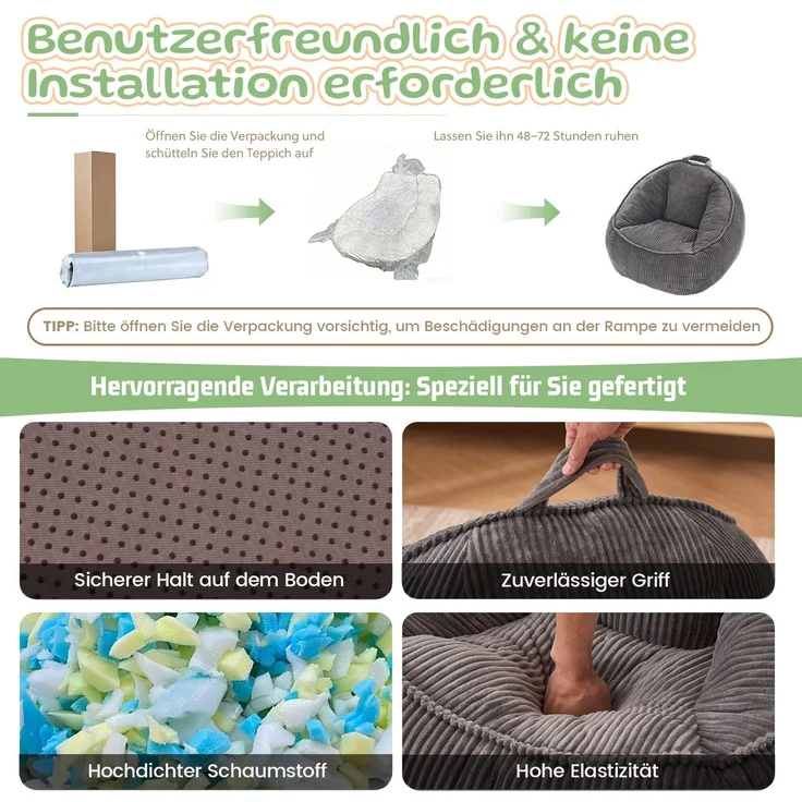 Sitzsack 69cm×72cm×51cm in Grau – aus Cord mit ergonomischer Form für Kinderzimmer und Spielecke – Bild 8