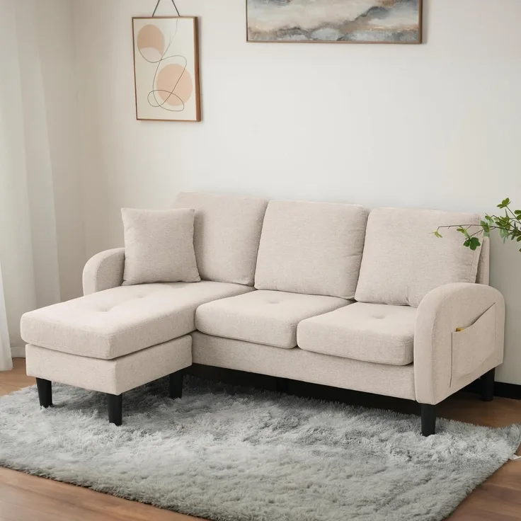 Ecksofa L Form 3 Sitzer Leinenstoff Kunststoffbeine Beige