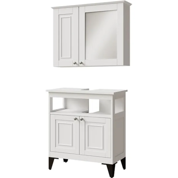 Vichy Badmöbelset Vanity, 2-teiliges Badmöbel-Set in Weiß mit Waschtischunterschrank und Spiegelschrank