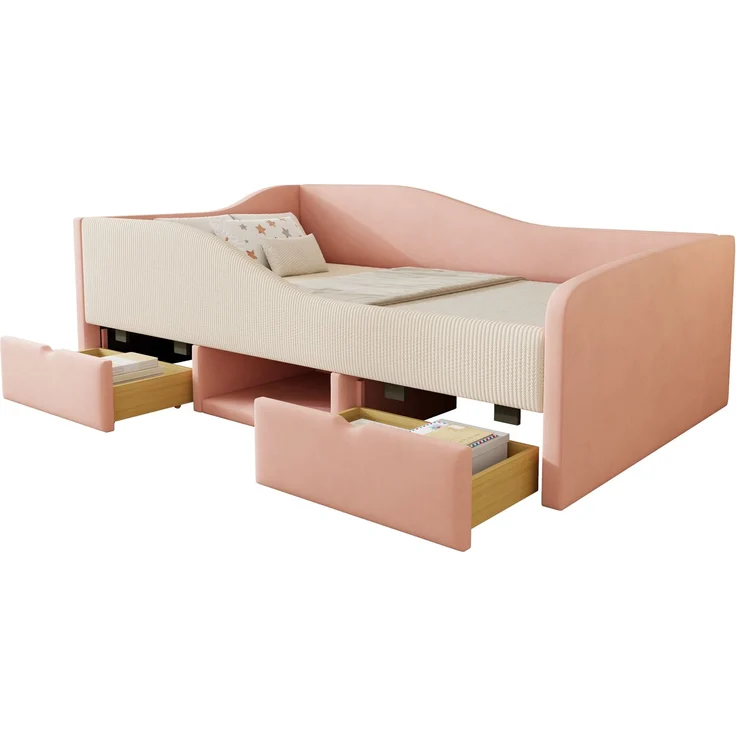 Kinderbett 90×190 cm mit Colorblock-Samt, Schutzgitter, Schubladen & Schuhfach, gepolstertes Jugendbett mit Stauraum,Rosa & Cremeweiß – Bild 3