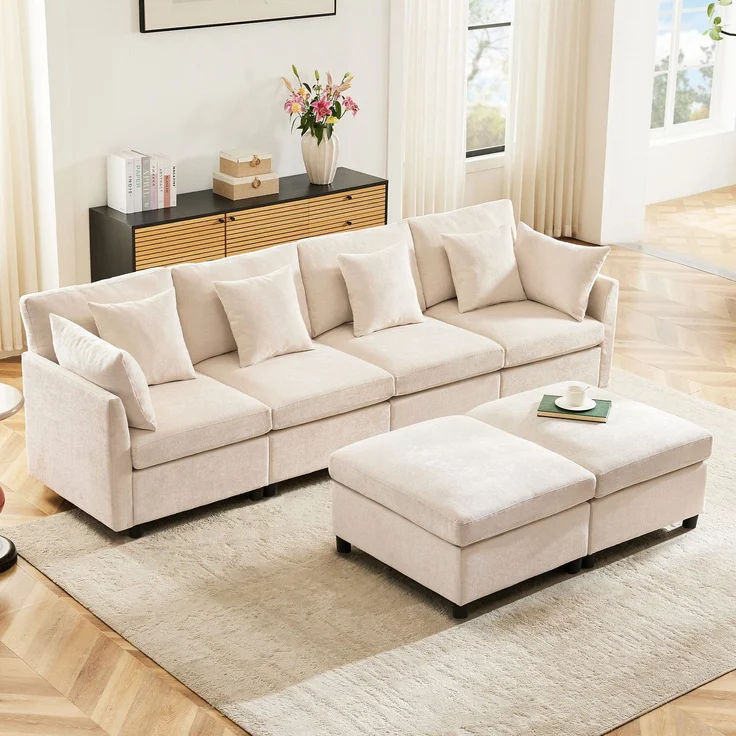 Big-Sofa mit Rückenkissen, Zierkissen und loser Kissen, 6-Sitzer Sofa, L-Form, U‑Form, Chenille Bezug – Bild 2