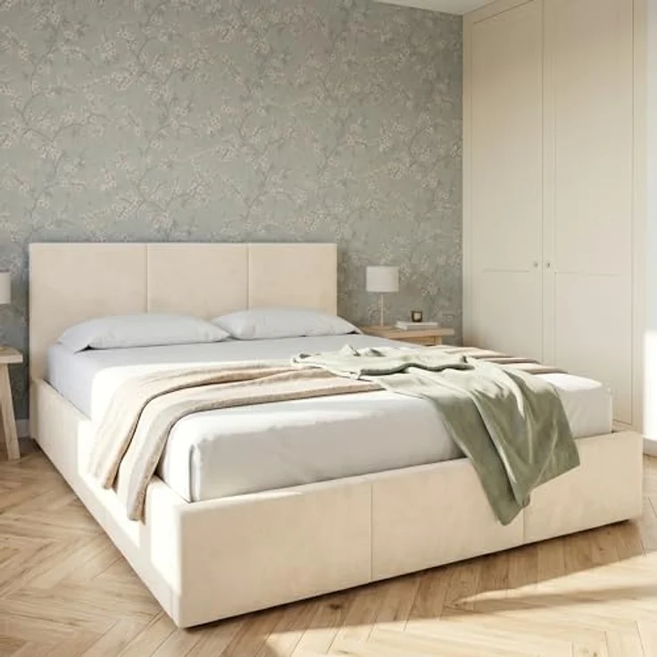 Home Collective Polsterbett Doppelbett mit Lattenrost & Stauraum, Creme, verschiedene Größen (120x200, 140x200, 160x200, 180x200), samtweicher Veloursstoff, in Europa hergestellt – Bild 1
