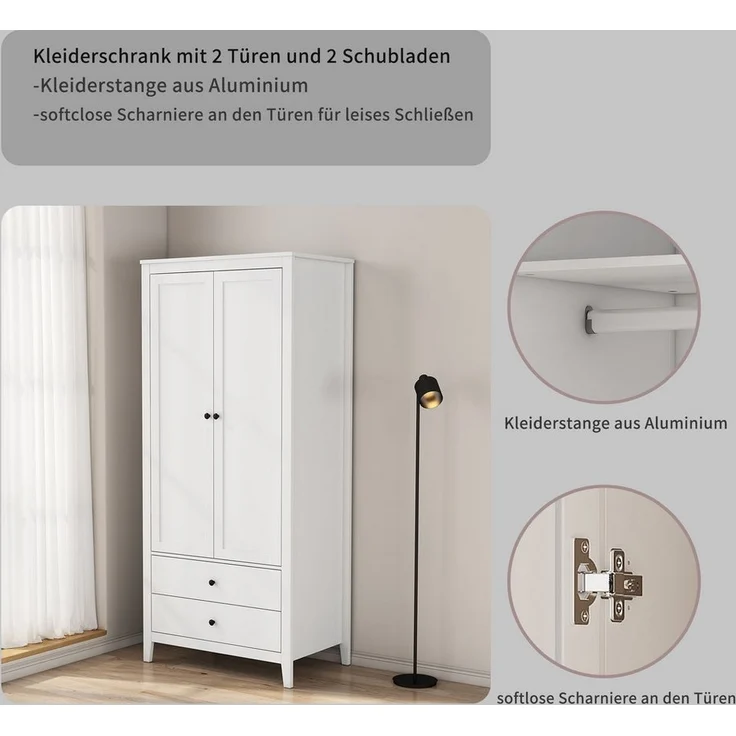 OTTO home Kleiderschrank Borkum Schlafzimmerschrank Garderobe Landhaus Bestseller weiß (hochwertige schwarze Griffe aus Metall) Schlafzimmerschrank mit 2 Türen und 2 Schubladen – Bild 3