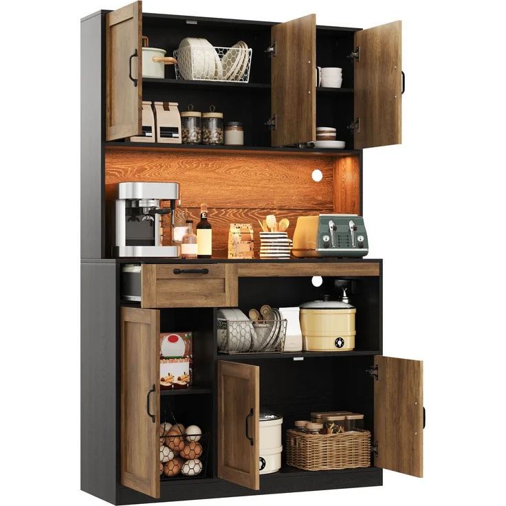 Küchenschrank 110 x 40 x 180 cm mit RGB-LED-Beleuchtung und Stauraum – Natur und Schwarz – Bild 6