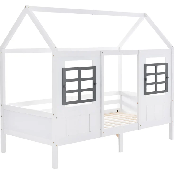 U-life Hausbett 90x200 cm, Einzelbett und Kinderbett, mit 2 Fenstern und Sicherheitsgeländer, Kiefernholz, Weiß – Bild 8