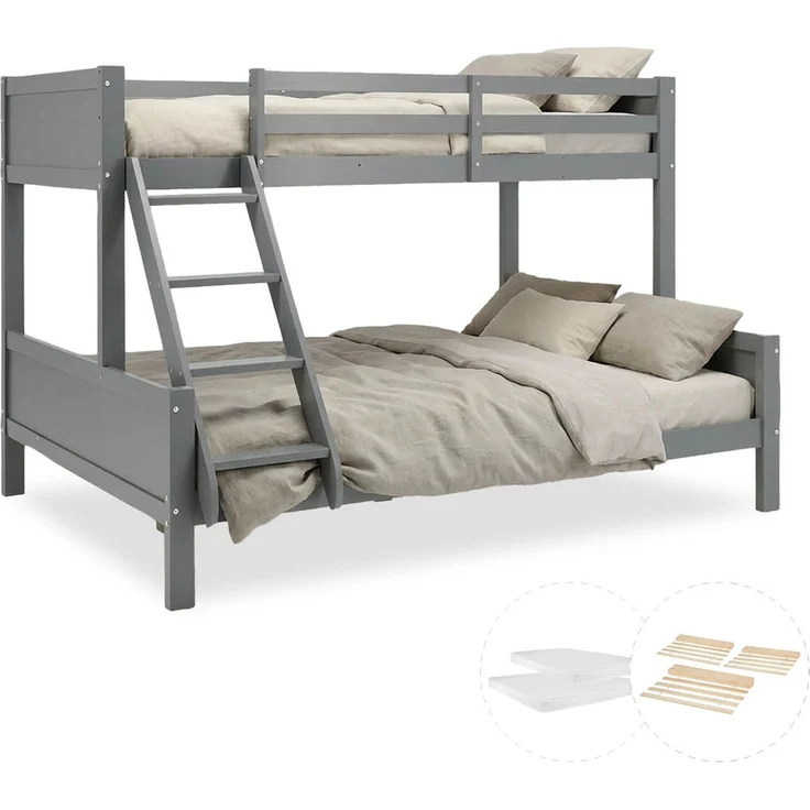 Etagenbett 90x200 und 140x200 Kinder mit 2 Matratzen, Grau Holz Hochbett – Bild 1