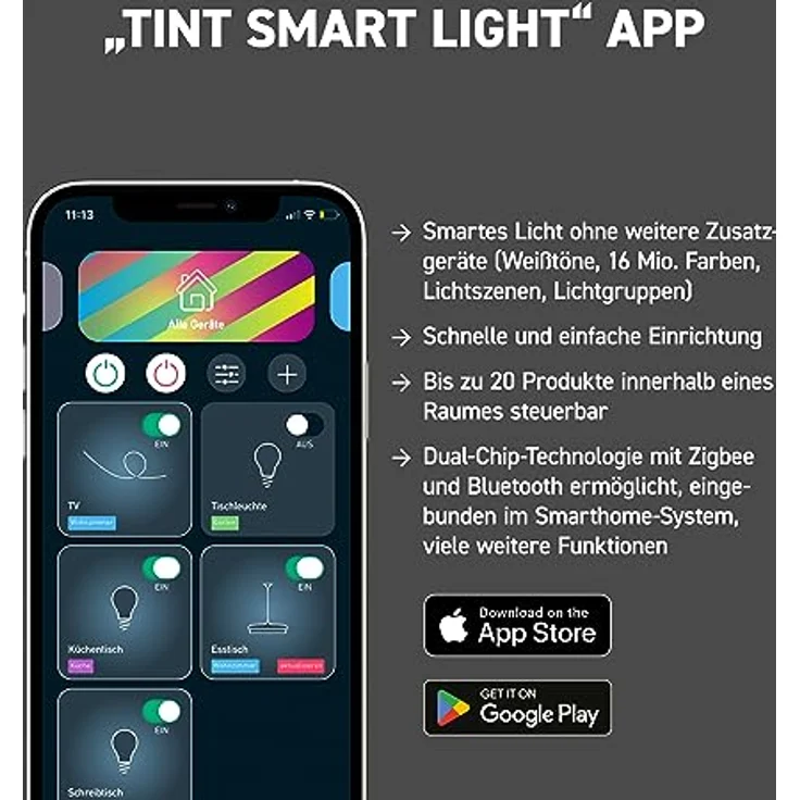Müller-Licht tint Smarter LED Strip, RGB LED Lichtstreifen mit Farbwechsel, 5m Länge, 24W, 6 vorprogrammierte Lichtszenen, Bluetooth+Zigbee, kompatibel mit Alexa – Bild 4