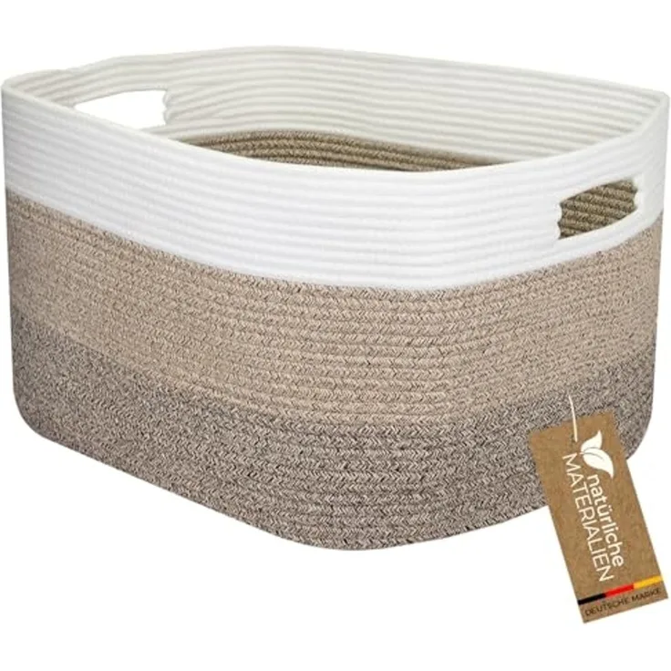 HMF Aufbewahrungskorb XXL Wäschekorb aus Baumwolle, 71 Liter, eckiger Aufbewahrungskorb mit Griffmulden, 55 x 43 x 30 cm, Weiß-Braun