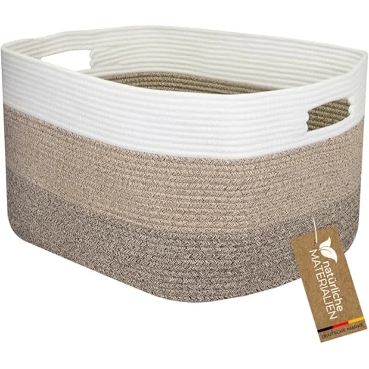 HMF Aufbewahrungskorb XXL Wäschekorb aus Baumwolle, 71 Liter, eckiger Aufbewahrungskorb mit Griffmulden, 55 x 43 x 30 cm, Weiß-Braun – Bild 1