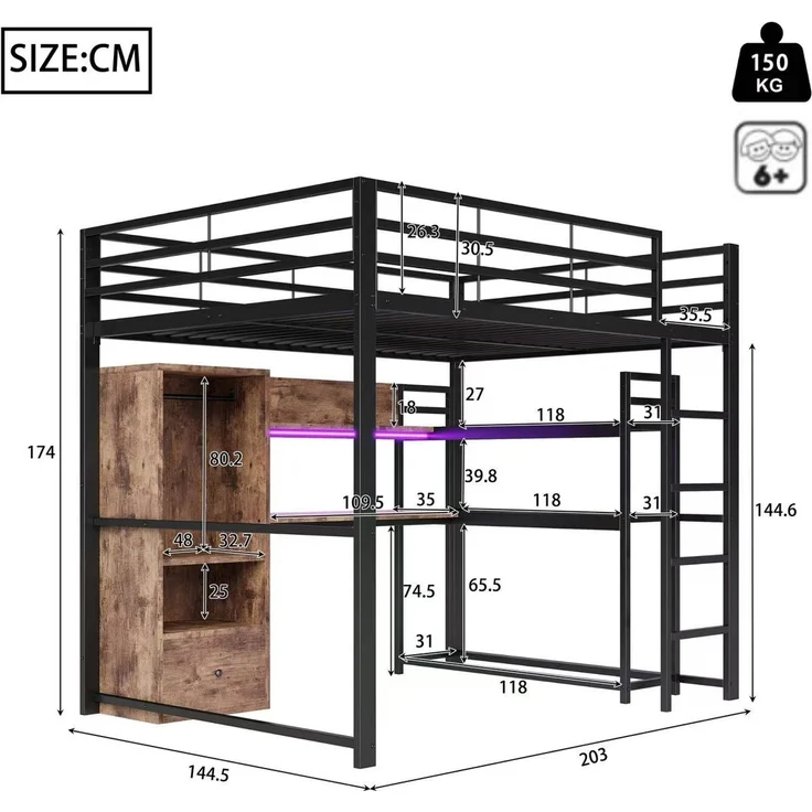 Hochbett, 140x200 cm , Metallbett, Mit LED-Leuchten, Schreibtisch, 1 Schubladen, Regale, Geländer, Treppe, ohne Matratze, Schwarz – Bild 7