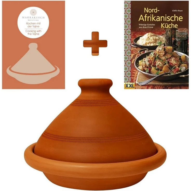Marrakesch Orient & Mediterran Interior Dampfgartopf Tajine Tuareg en argile, livre de cuisine, lot de 2, terracotta 30 cm, (2-tlg), Handarbeit – Bild 1