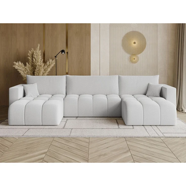 GRAINGOLD Ecksofa U-Form Neva U, Ecksofa mit Schlaffunktion, Bettkasten, mit losen Kissen, Bouclé-Stoff, Grau – Bild 1