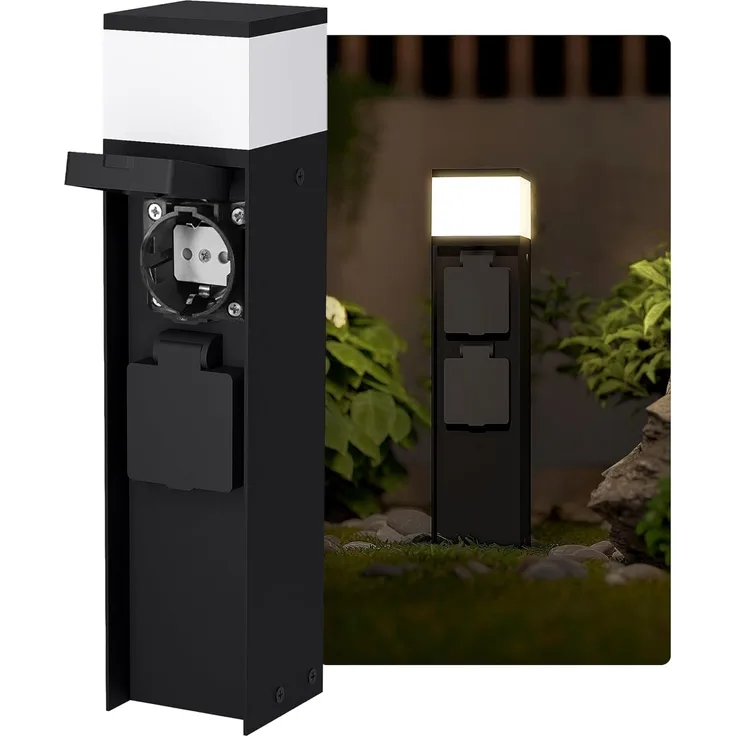 SSC-LUXon LED Gartenstrahler Pollerleuchte ZAVO schwarz für G9 Lampen mit zwei Schuko Steckdosen