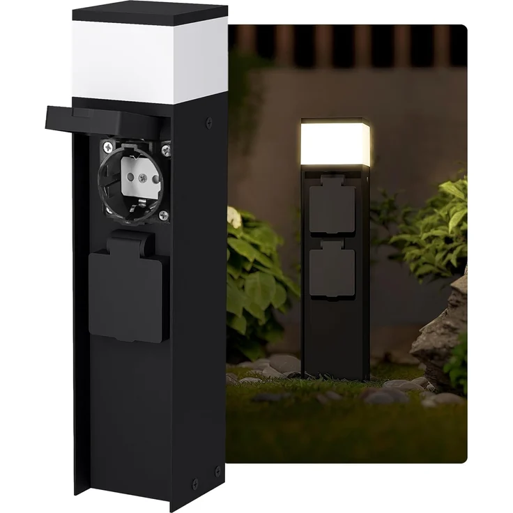 SSC-LUXon LED Gartenstrahler Pollerleuchte ZAVO schwarz für G9 Lampen mit zwei Schuko Steckdosen