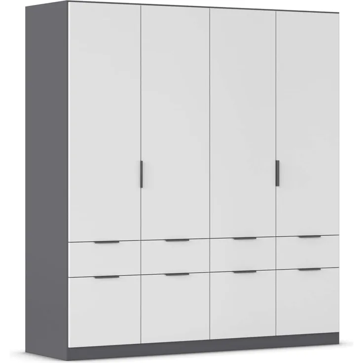Rauch Möbel Dundee, Kleiderschrank, Schrank, Garderobe, Organizer, 4-türig, 8 Schubladen, Farbe Weiß/Grau metallic, Schwarz, Kurze Griffleiste Grau metallic, 181 x 197 x 54 cm