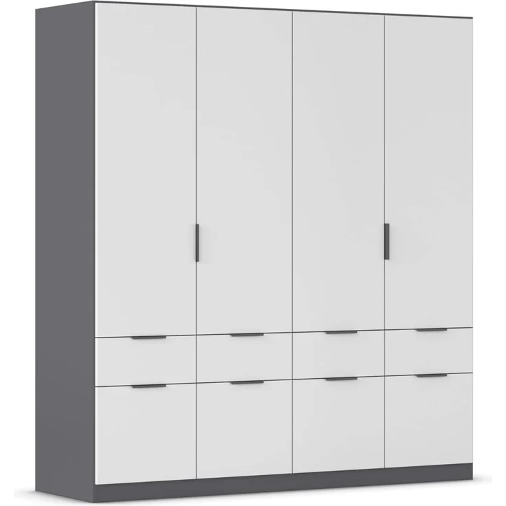 Rauch Möbel Dundee, Kleiderschrank, Schrank, Garderobe, Organizer, 4-türig, 8 Schubladen, Farbe Weiß/Grau metallic, Schwarz, Kurze Griffleiste Grau metallic, 181 x 197 x 54 cm – Bild 1