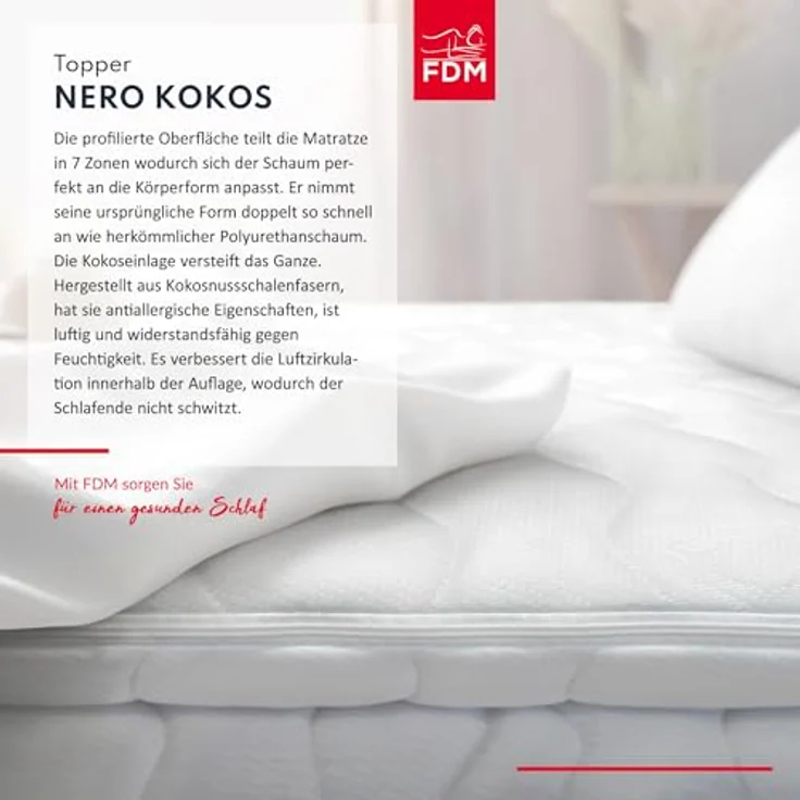 FDM Topper NERO 180x200 cm, Matratzenauflage mit 7 Zonen HR-Schaum und latexierter Kokosfaser, waschbarer Premium Bezug, H3, antiallergisch – Bild 3