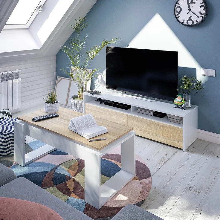 Wohnzimmer-TV-Ständer mit zwei Türen mit Vasistas-Öffnung und zwei kleinen Fächern, weiße Farbe mit eichenfarbenen Türen, Maße 130 x 36 x 40 cm – Bild 8