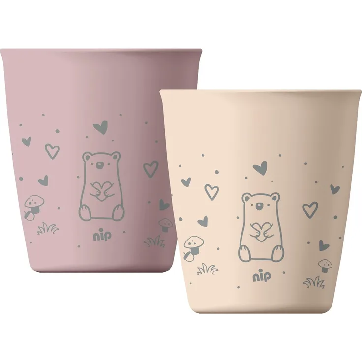 nip 2er Set Trinkbecher ab 12 Monaten bruchfest stapelbar, rosa | leichte Trinklernbecher mit Tiermotiv spülmaschinengeeignet mikrowellengeeignet Kindergeschirr für Camping unterwegs & Alltag