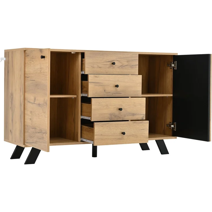DESVIAE Sideboard mit 4 Schubladen und 2 Schränken 120x75x38 cm MDF Schwarz/Naturholz – Bild 8
