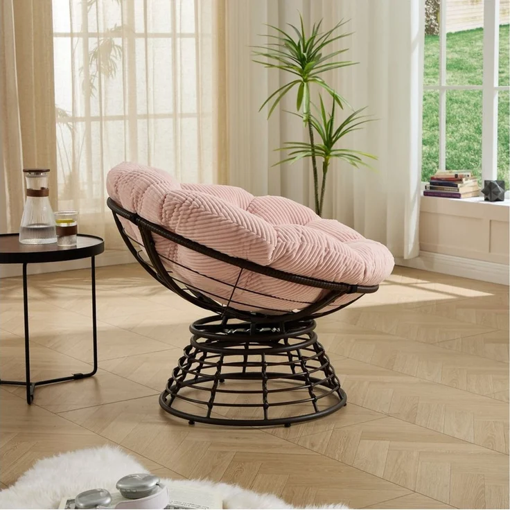 LVHOM Relaxsessel Papasansessel Rattanstuhl mit Kissen, 360° drehbar, Durchmesser 92 cm (Komfortables Sitzerlebnis, 10cm rundes Sitzkissen, ergonomisches Design, rutschfeste Füße, rostfreier Stahlrahmen, Belastbarkeit 130kg), geeignet für Wohnzimmer, S... – Bild 4