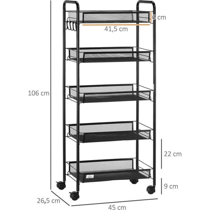 HOMCOM Servierwagen 5-stöckiger, platzsparender Küchenwagen mit Netzkörben, (für Wohnzimmer und Schlafzimmer, 1 St, Aufbewahrungswagen aus Stahl), 45 x 26,5 x 106 cm, Schwarz – Bild 2