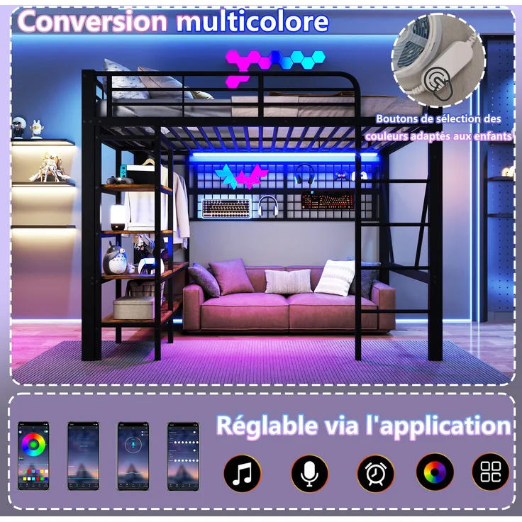 EINHOM Hochbett, 140 x 200 cm, Eisenrahmen, Ablagefach, Netz zum Aufhängen von Gegenständen, mit Kleiderstange, Offener Raum unter dem Bett, mit LED-Lichtleiste, Schwarz (Ohne Matratze) – Bild 4