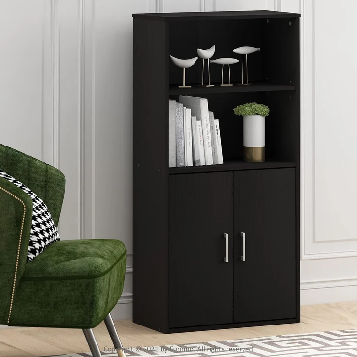 Furinno Pasir Bücherregal mit 2 Offenen Einlegeböden und 2 Türen, Schwarze Eiche – Bild 2