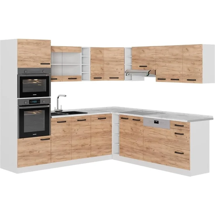 Eckküche R-Line Goldkraft Eiche/Weiß 247 x 237 cm AP Marmor Vicco – Bild 1