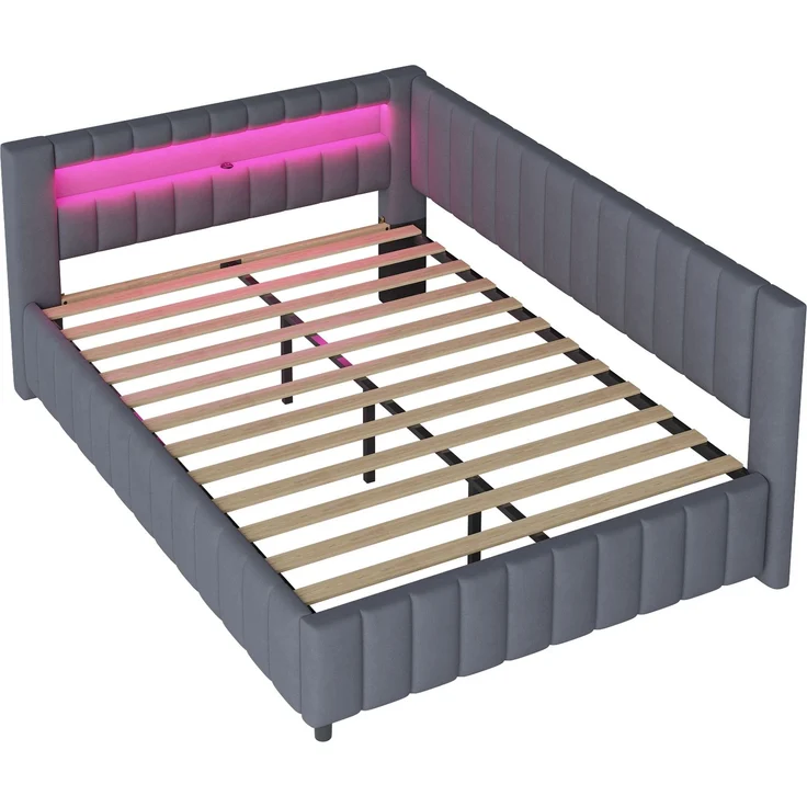L Form Polsterbett Schlafsofa 140x200 cm Samt LED Beleuchtung USB Ladeanschluss mit Lattenrost Grau Tagesbett Gästebett mit Kopfteil – Bild 7