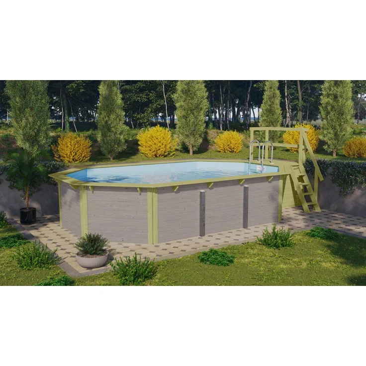 Achteck-Pool X4 400x611 cm Holz wassergrau mit Terasse, Set mit Filter+Skimmer