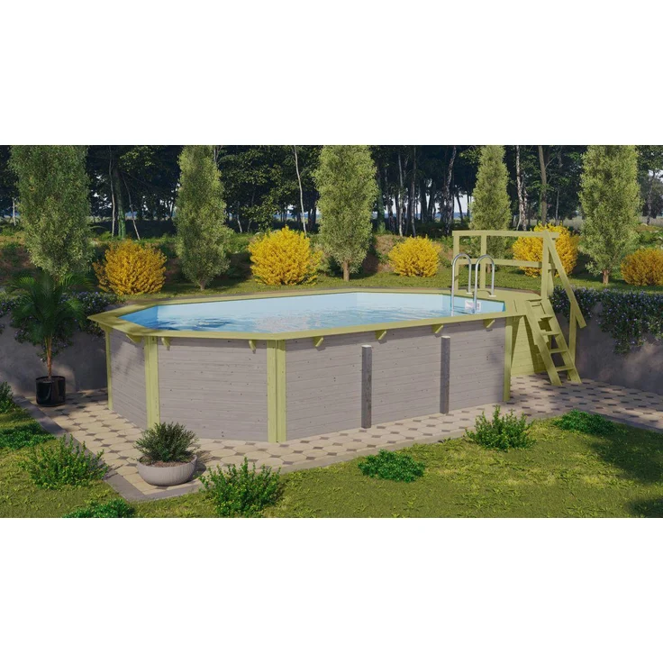 Achteck-Pool X4 400x611 cm Holz wassergrau mit Terasse, Set mit Filter+Skimmer