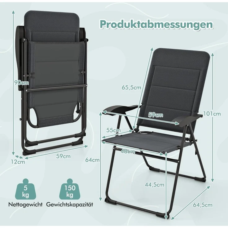 2er Set Gartenstühle mit 7-fach Verstellbarer Rückenlehne Klappstühle Balkonstühle Grau – Bild 2